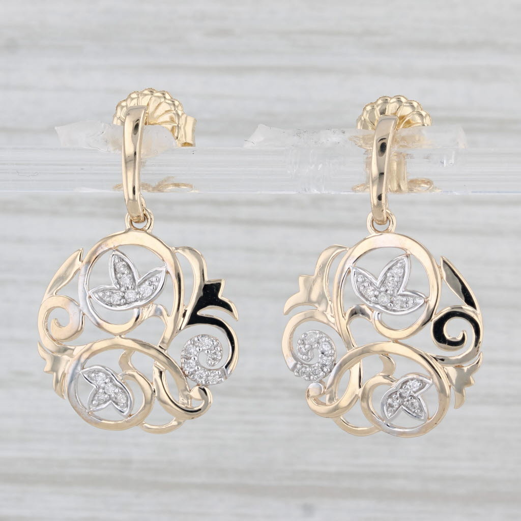 Light Gray Diamond Flower Openwork Dangle Earrings 10k Yellow Gold Drops