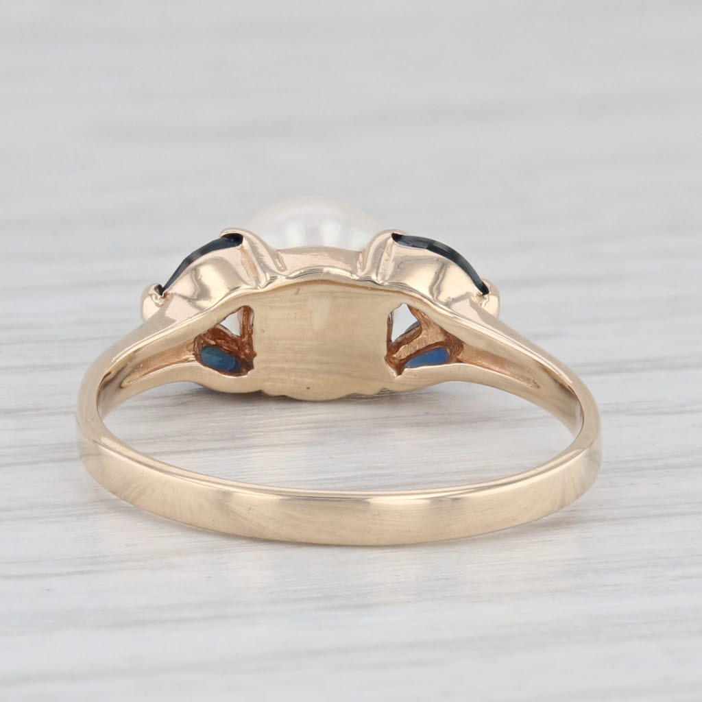 Light Gray Cultured Pearl Blue Sapphire Ring 10k Yellow Gold Size 6.75