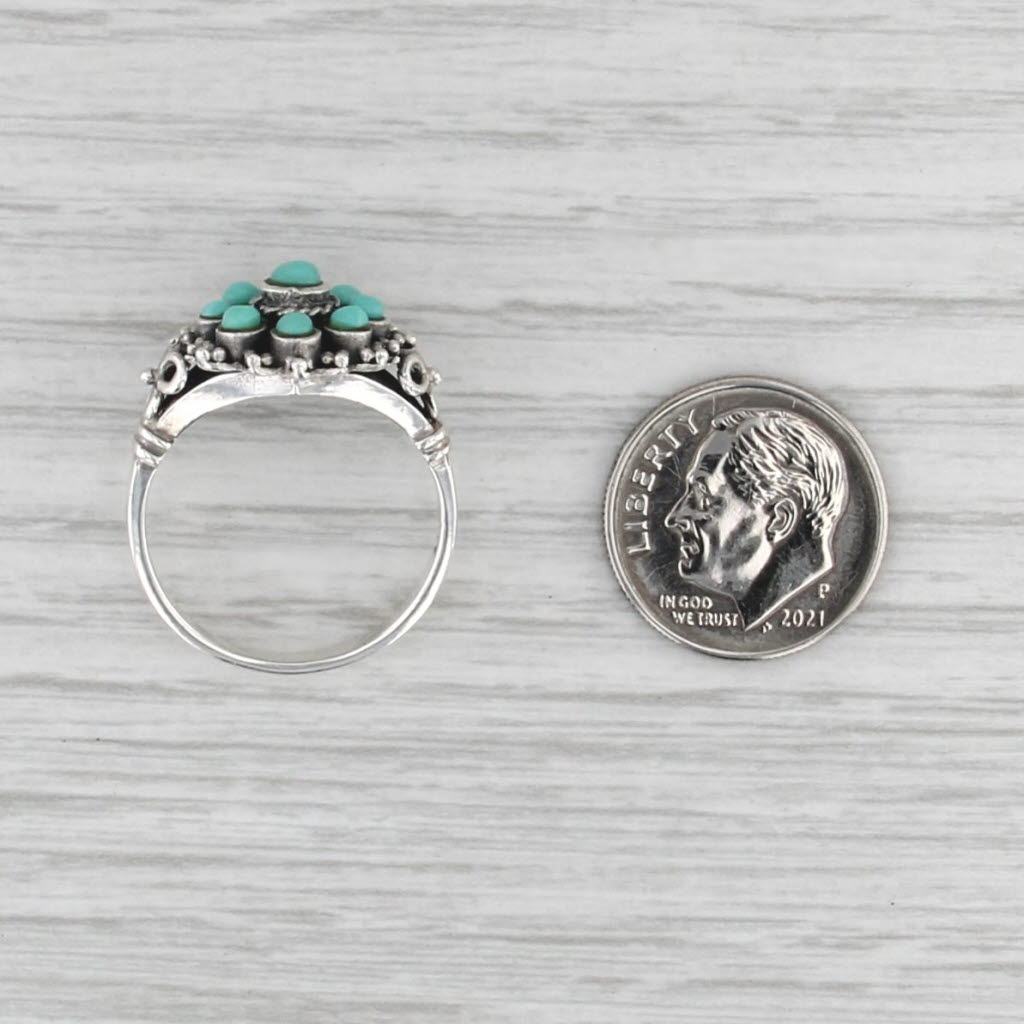 Imitation Turquoise Glass Flower Cluster Ring Sterling Silver Size 8