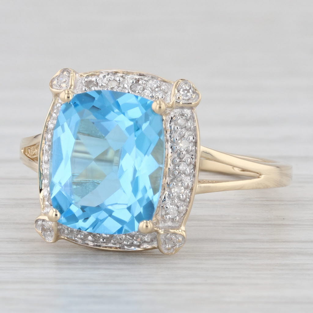 Light Gray 5.08ctw Blue Topaz Diamond Ring 14K Yellow Gold Cushion Solitaire Halo Size 9.25