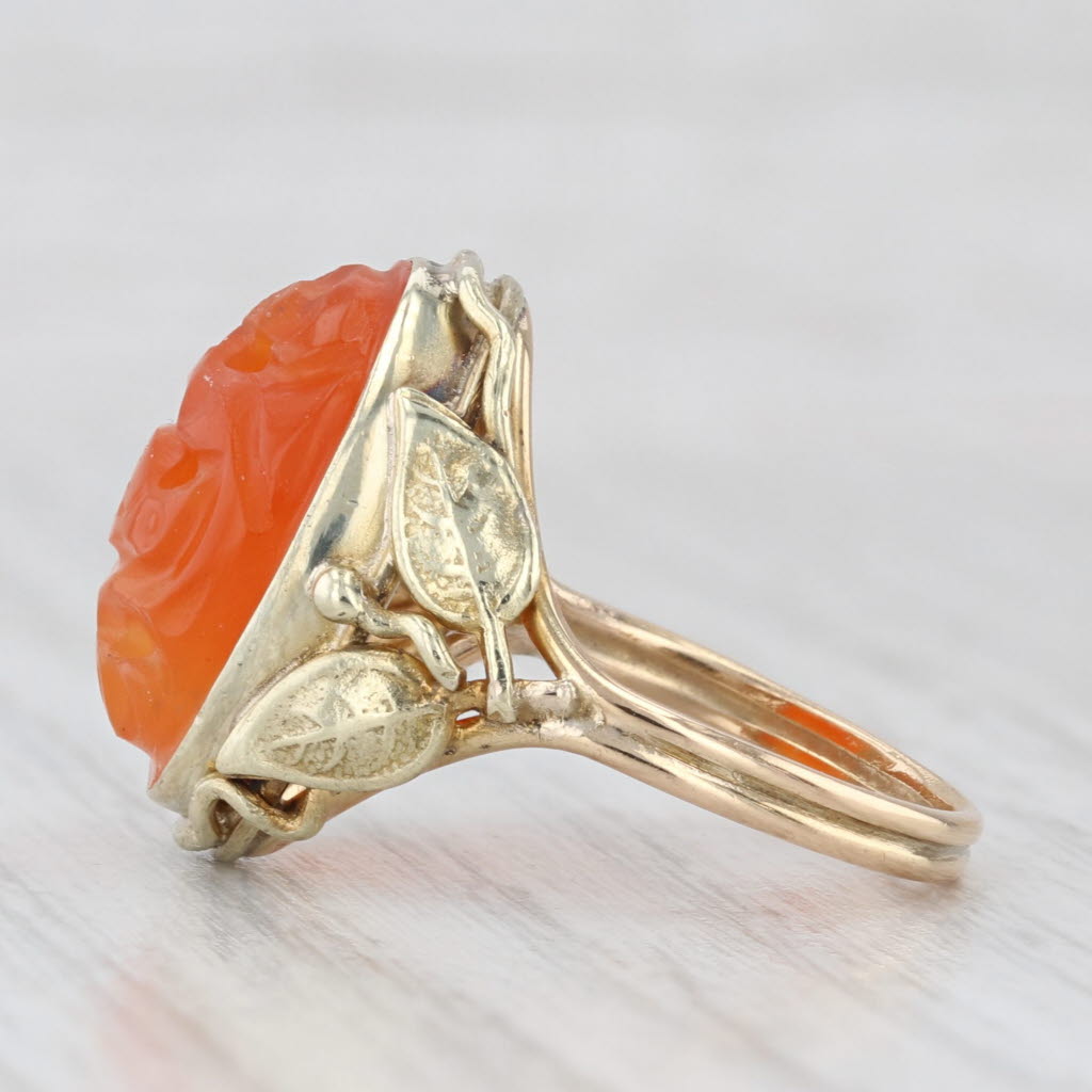 Light Gray Vintage Carved Carnelian Dragon Ring 14k Yellow Gold Leaf Accents Size 6