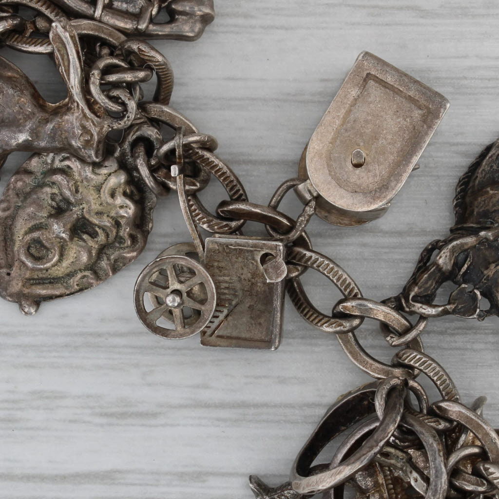 Dark Gray Vintage Mixed Themed Charm Bracelet Sterling Silver 6" Military Sports Animals