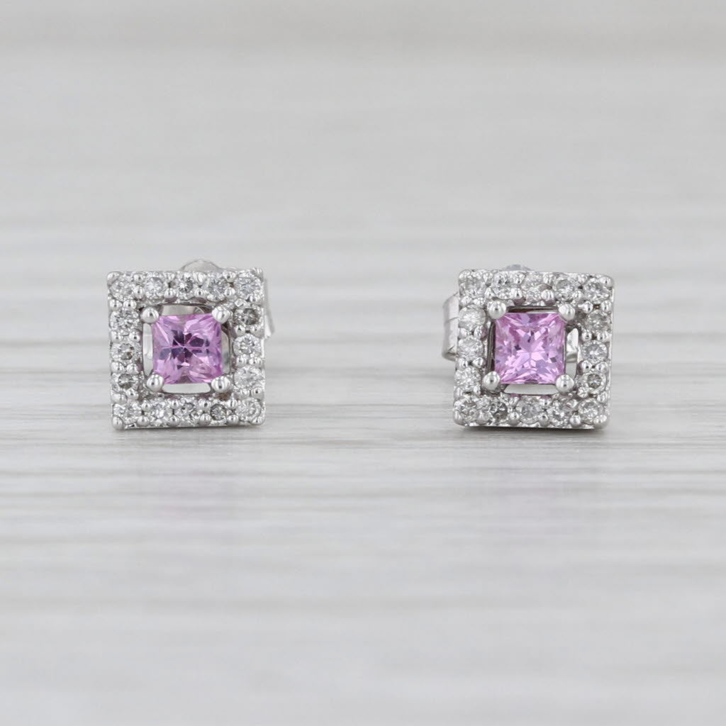 0.36ctw Pink Princess Sapphire Diamond Halo Stud Earrings 14k White Gold Studs