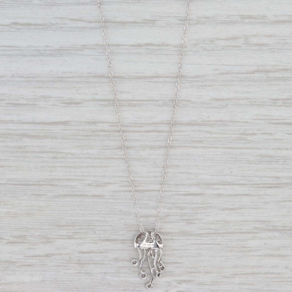 Light Gray New 0.12ctw Diamond Moving Jelly Fish Pendant Necklace 14k White Gold 18"