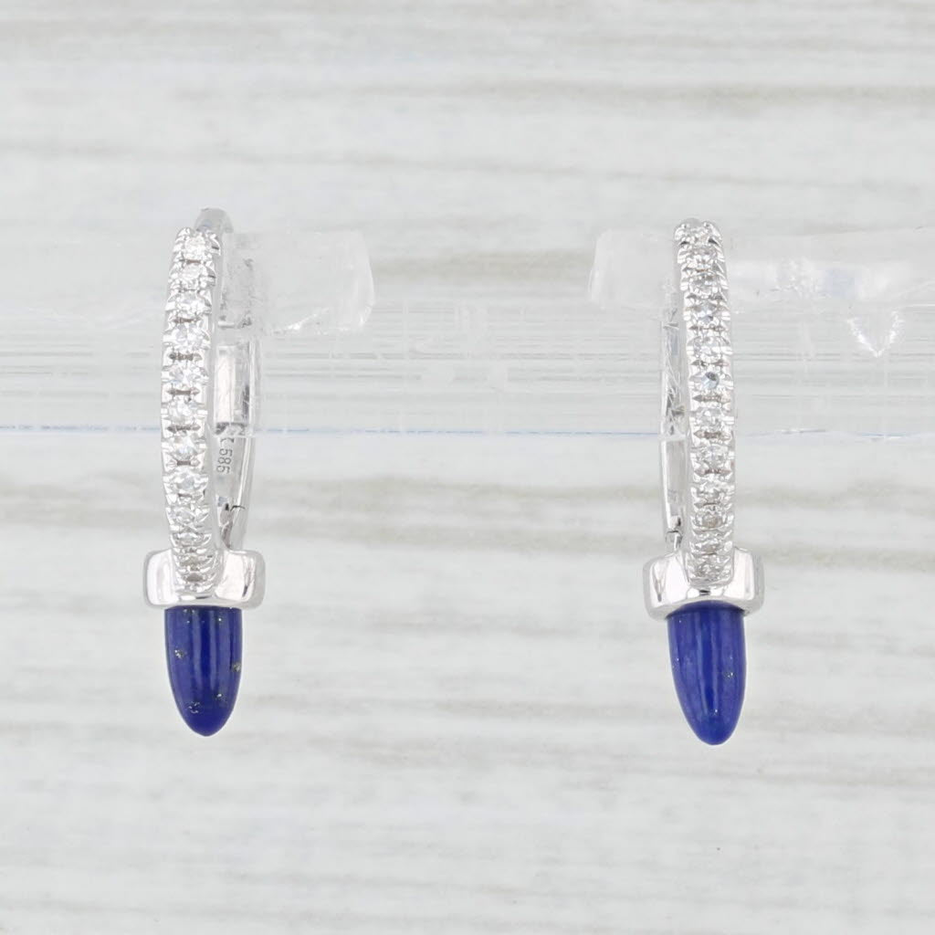 Light Gray New Lapis Lazuli Diamond Hoop Earrings 14k White Gold Huggie Hoops