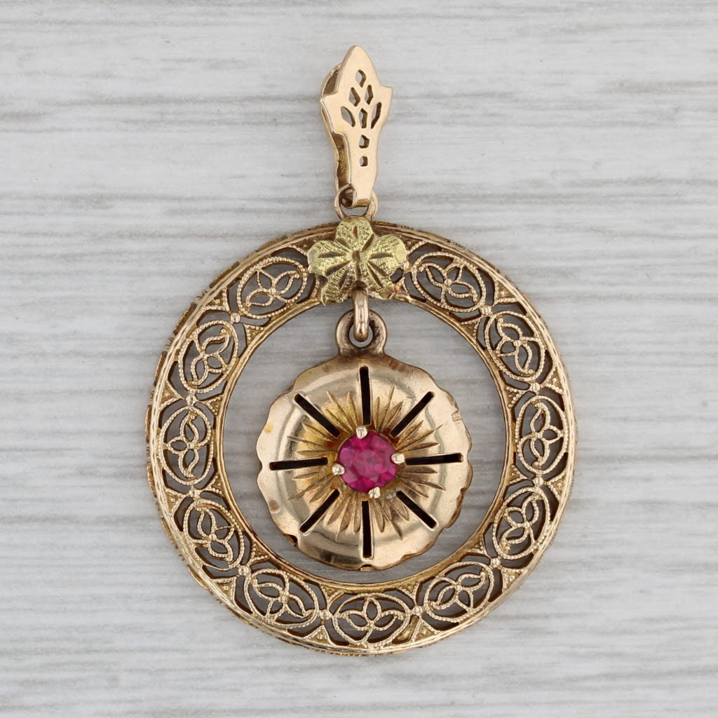 Gray Vintage 0.18ct Lab Created Ruby Flower Pendant 10k Yellow Gold Filigiree