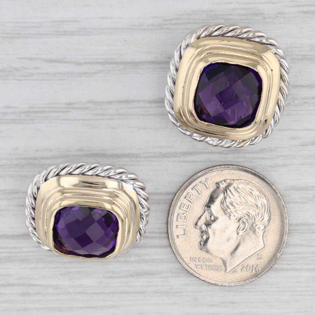 Light Gray 7.80ctw Amethyst Cushion Stud Earrings 14k Yellow White Gold Omega Backs