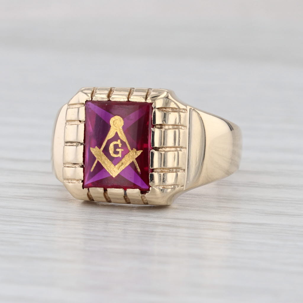 Vintage Masonic Signet Ring 10k Yellow Gold Lab Created Ruby Blue Lodge 10.25
