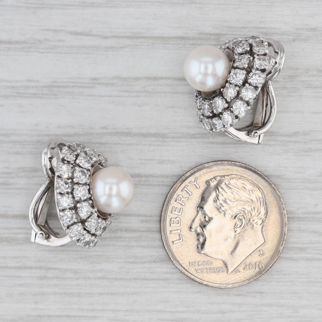 Gray Cultured Pearl 1.44ctw Diamond Halo Earrings 14k White Gold Clip On Non Pierced