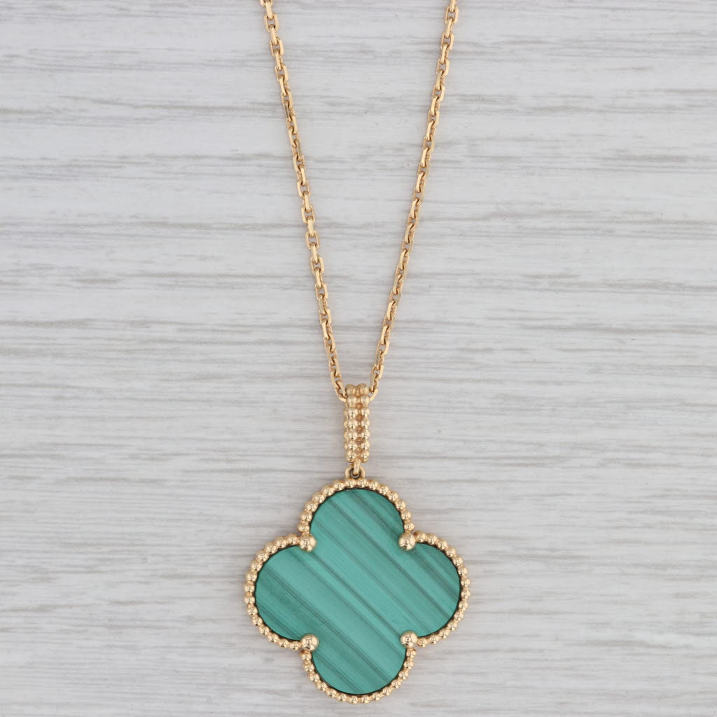 Gray Van Cleef Arpels VCA Alhambra Malachite Magic Clover Necklace 18k Gold 35" Box