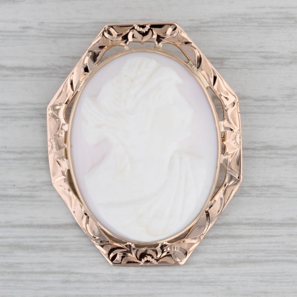 Gray Carved Shell Cameo Brooch Floral 10k Rose Gold Vintage Statement Pin