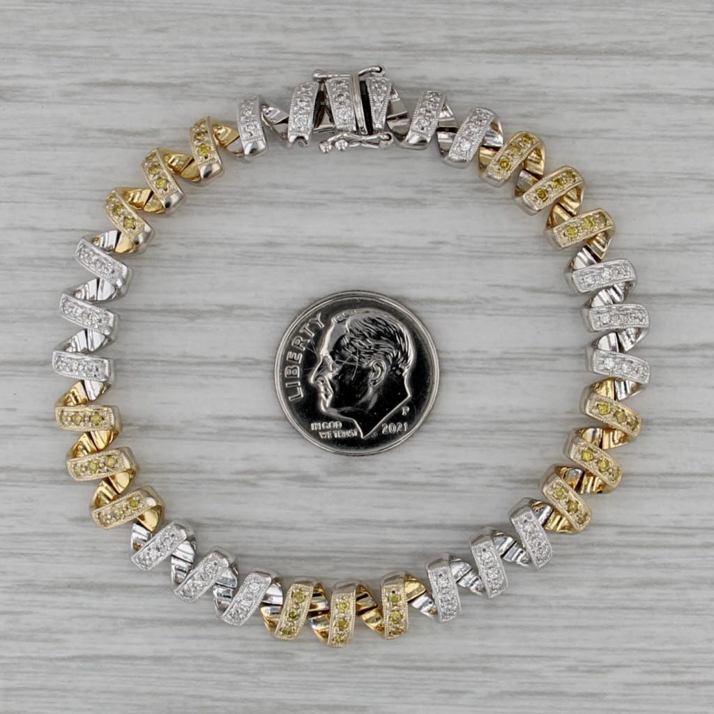 1.10ctw Yellow White Gold Coiled Chain Bracelet 2-Stoned 18k Gold 6.75" 7.4mm