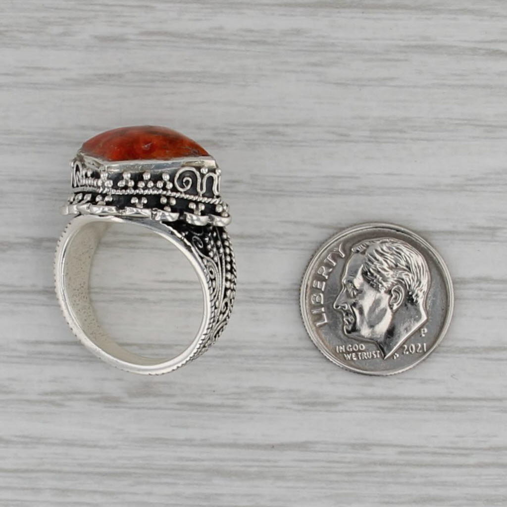 Orange Spiney Oyster Coral Resin Ornate Ring Sterling Silver Size 6.75