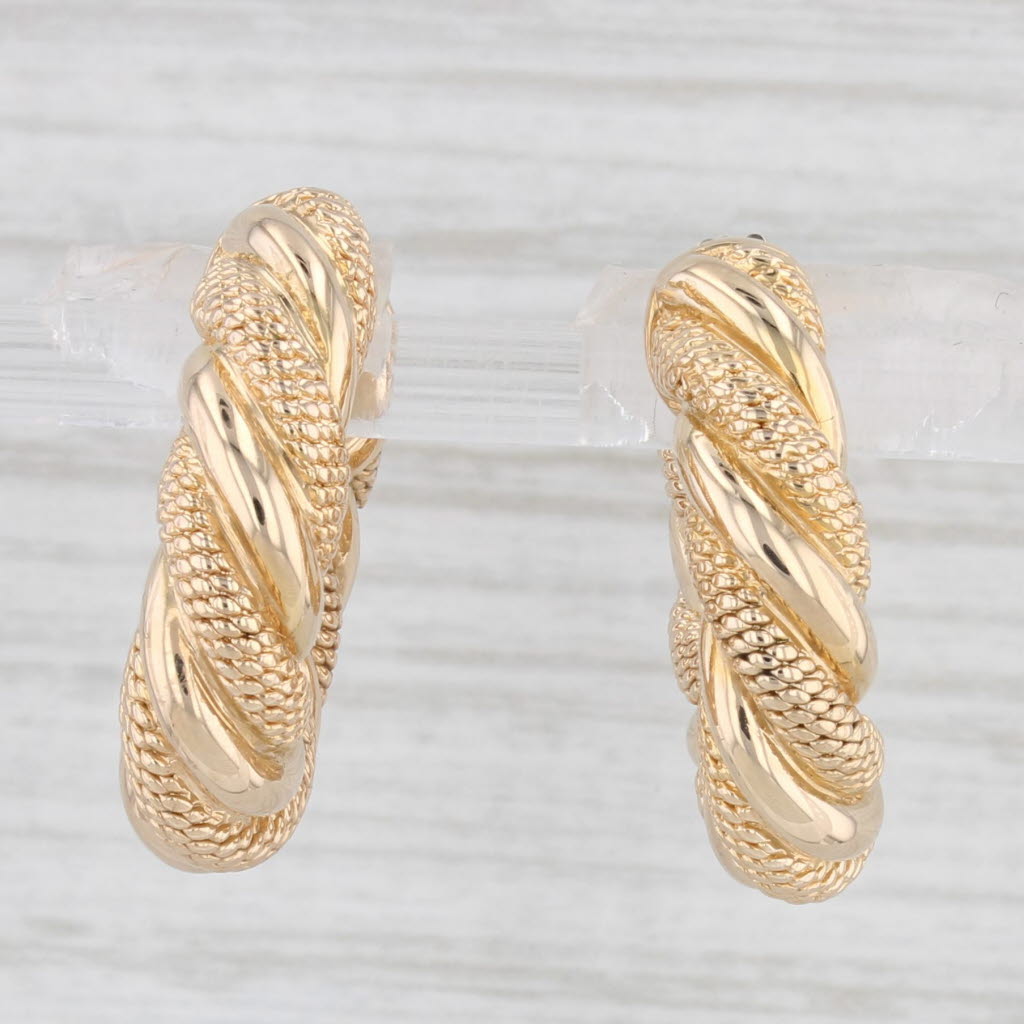Light Gray Scalloped Twist Hoop Earrings 14k Yellow Gold Snap Top Round Hoops
