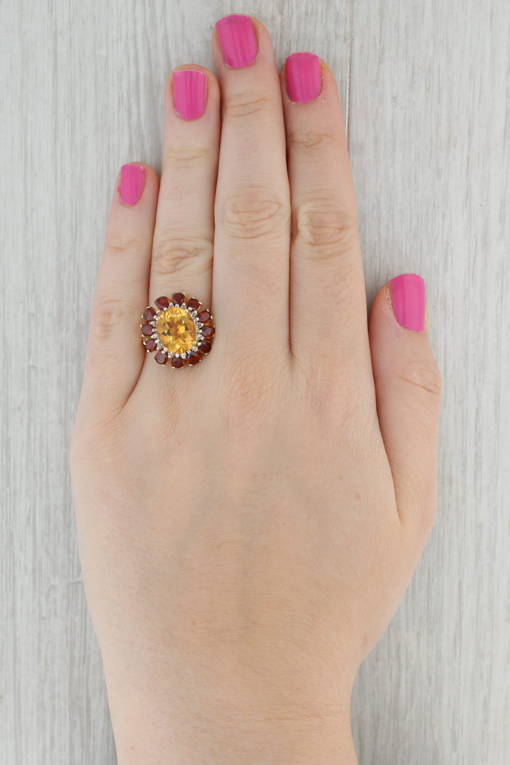 Gray 7.46ctw Oval Citrine Garnet Halo Cocktail Ring 10k Yellow Gold Size 9.25