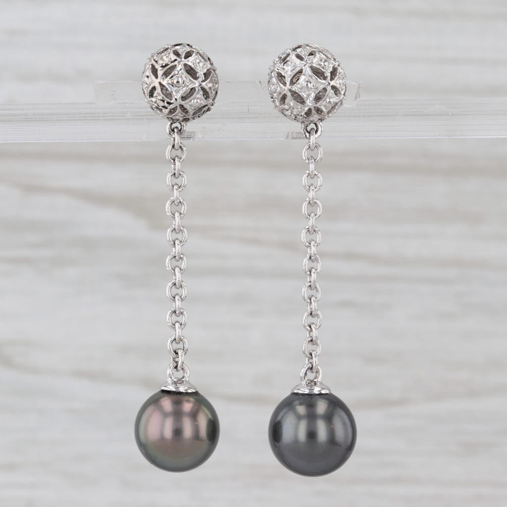Cultured Black Gray Pearl Bead Dangle Earrings 14k White Gold