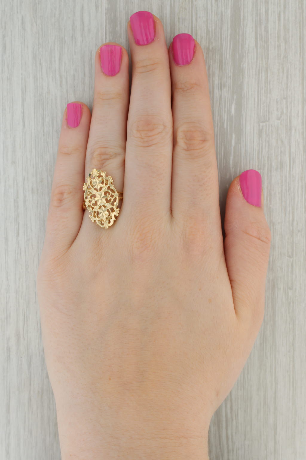Tan Ornate Floral Openwork Ring 14k Yellow Gold Size 10.5 Statement