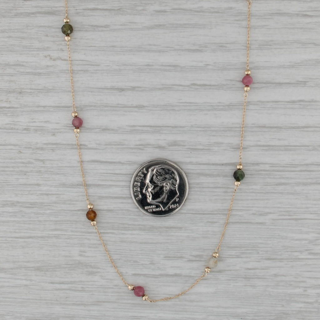 Gemstone Bead Station Necklace 14k Gold 16" Rope Chain Quartz Tourmaline Topaz
