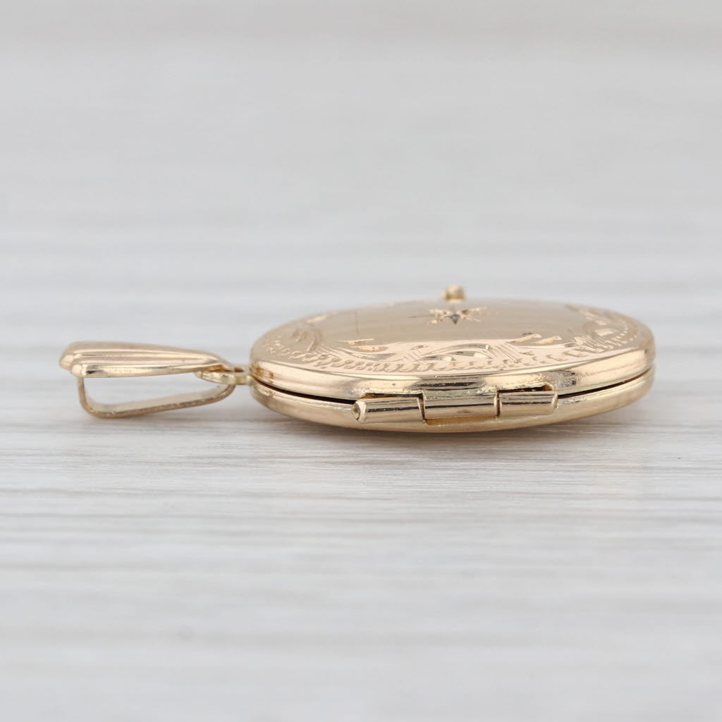 Diamond Star Ornate Photo Locket Pendant 14k Yellow Gold Opens Engravable