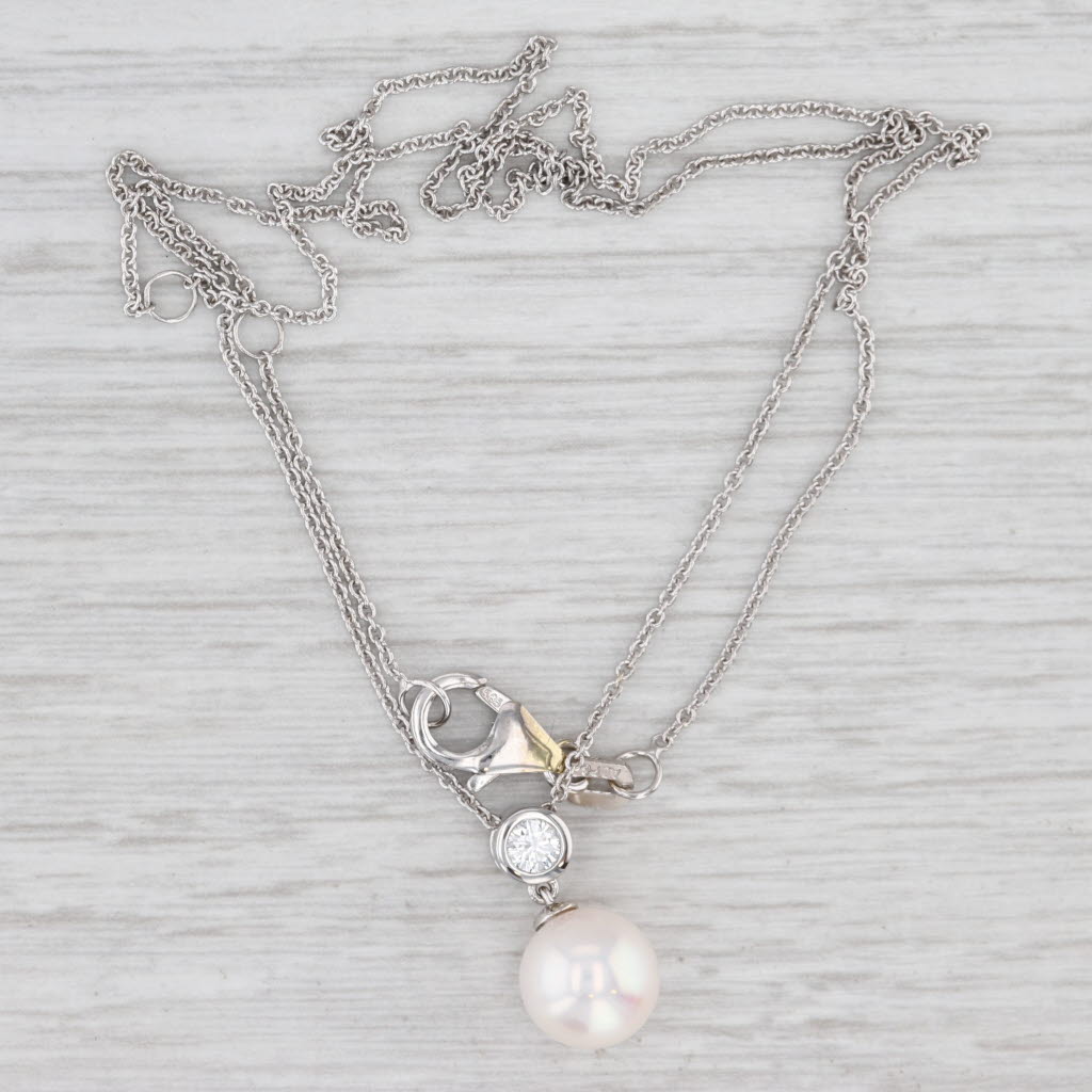 Light Gray Cultured Pearl 0.17ct Diamond Pendant Necklace 14k White Gold Adjustable Chain
