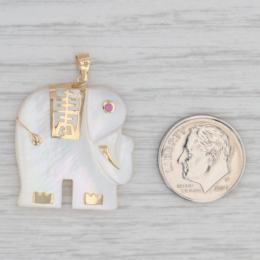 Light Gray Mother of Pearl Elephant Pendant 14k Yellow Gold Chinese Calligraphy Good Luck