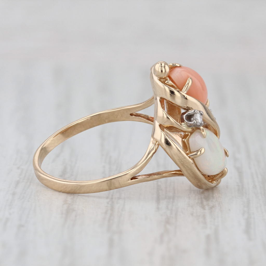 Opal Coral Navette Cabochon Diamond Ring 14k Yellow Gold Size 8