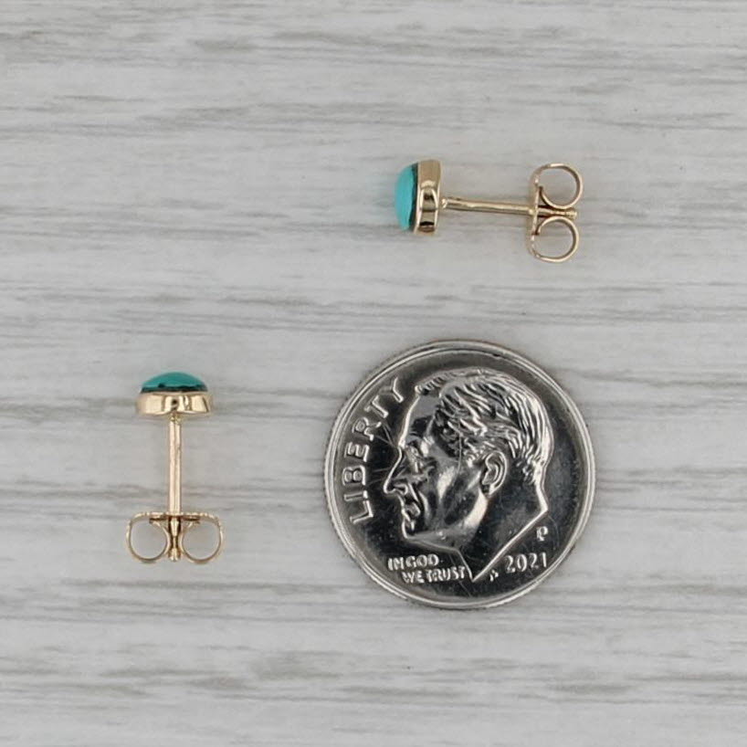 Turquoise Stud Earrings 14k Yellow Gold Round Cabochon Solitaire Studs