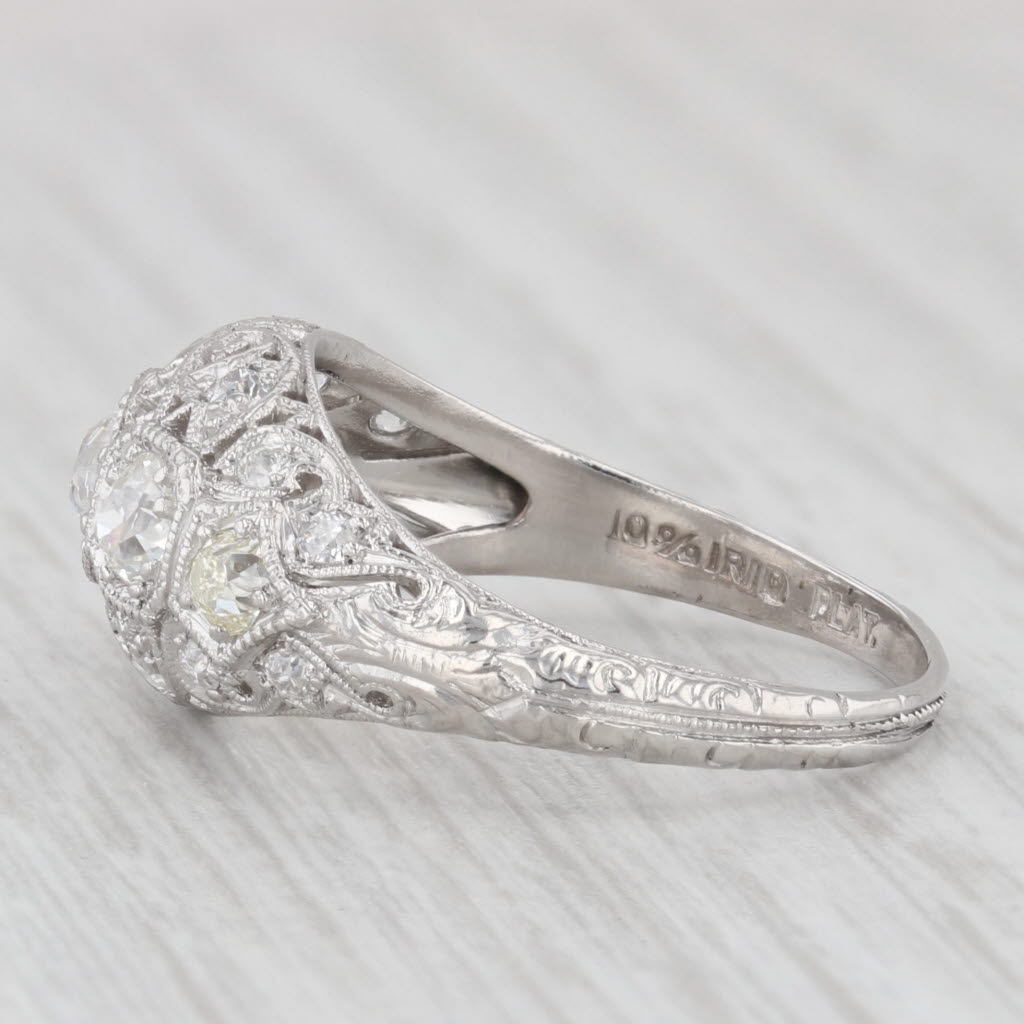 Light Gray 0.87 ctw Diamond Art Deco Platinum Filigree Domed Size 7.5 Ring 3-Stone