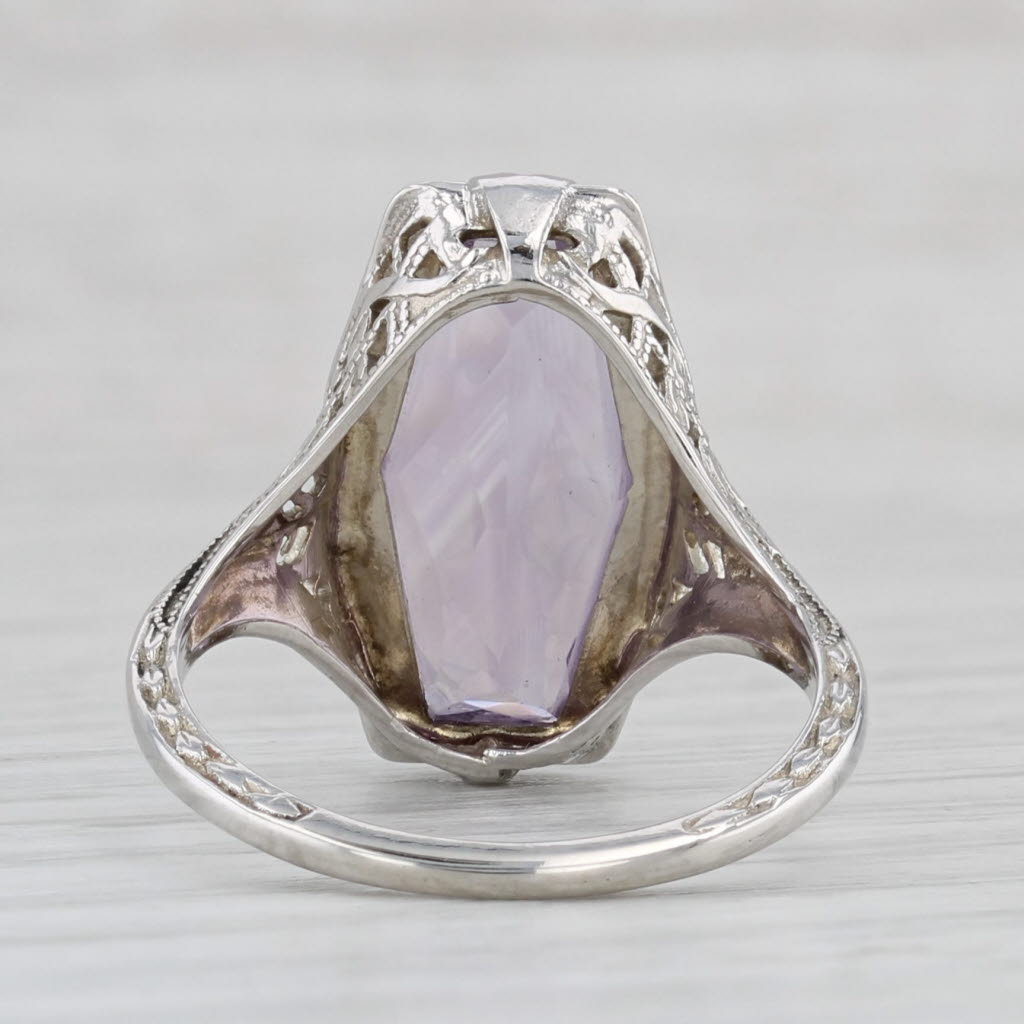 Light Gray Vintage Amethyst Solitaire Ring 14k White Gold Filigree Size 6.5