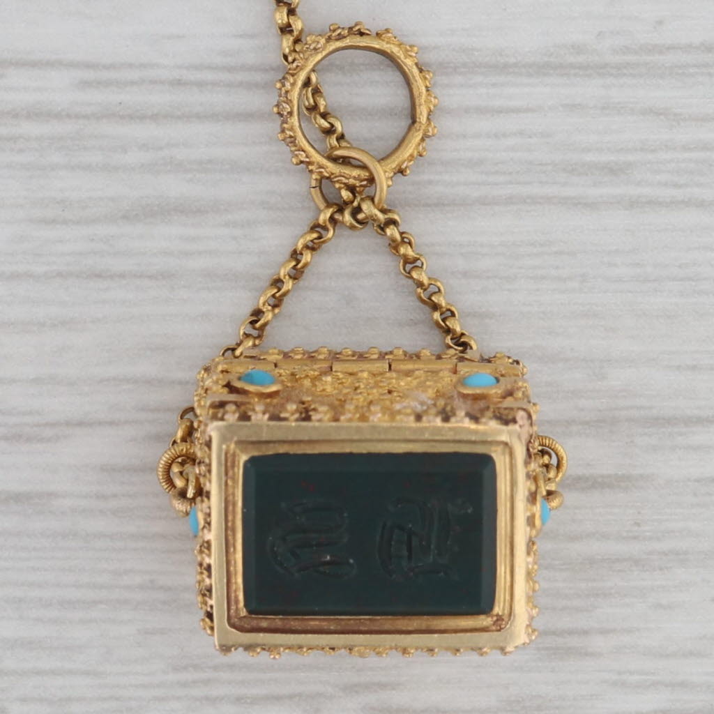 Gray Antique Bloodstone Turquoise Intaglio Treasure Chest Pendant Charm 20k Gold Open