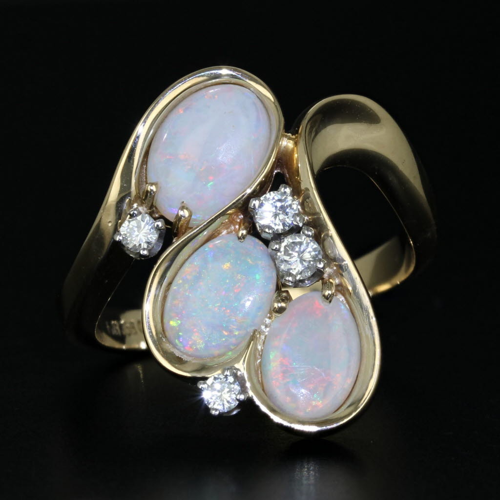 Black 0.15ctw Diamond 3-Stone Opal Ring 14k Yellow Gold Size 6.75 Cocktail