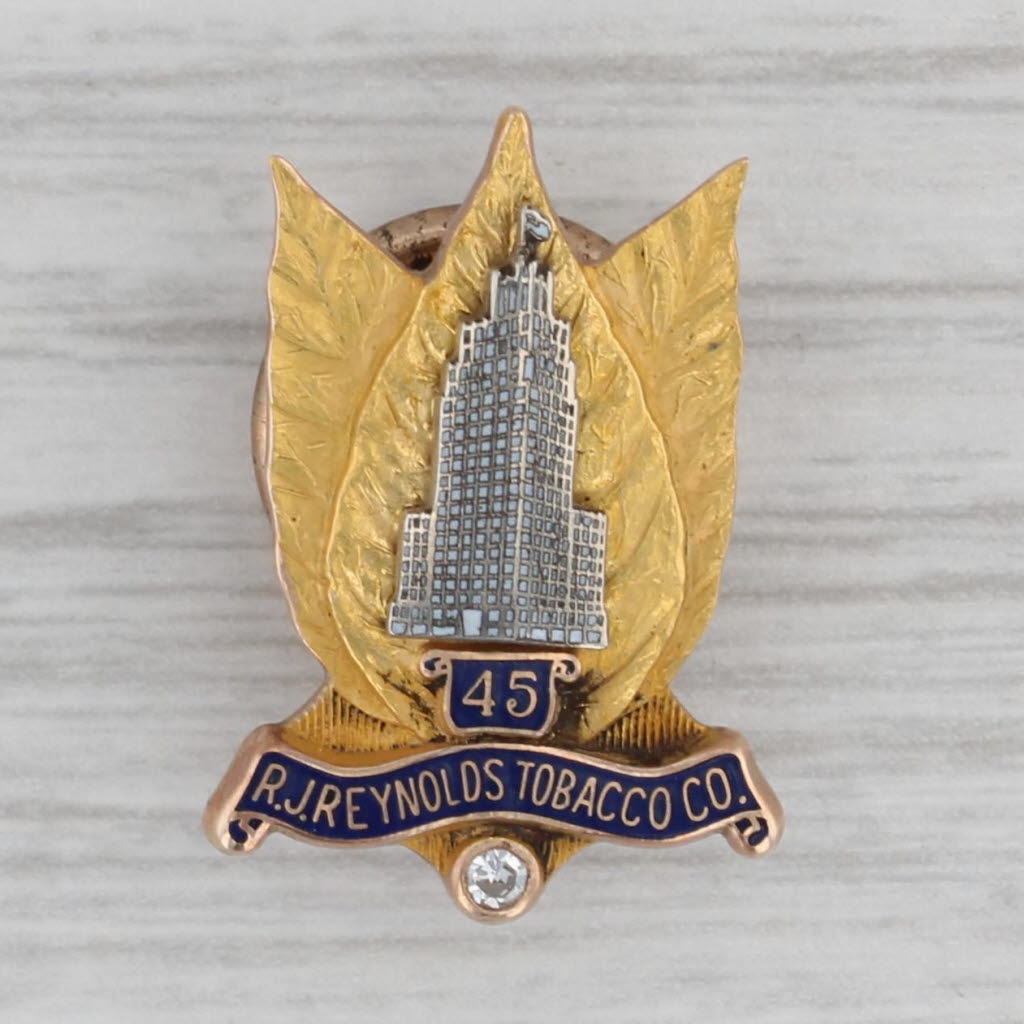 Gray R.J. Reynolds Tobacco Co. Pin 10k Gold Diamond 45 Year Employee Service