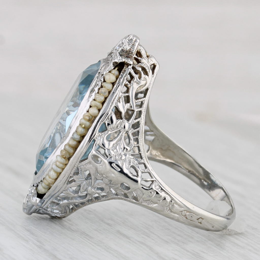 Light Gray Vintage Lab Created Blue Spinel Diamond Pearls Filigree Ring 14k White Gold Sz 6