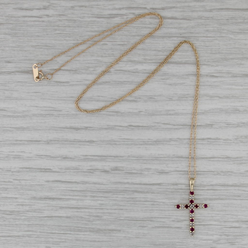 Ruby Diamond Cross Pendant Necklace 10k Yellow Gold 18.75" Rope Chain