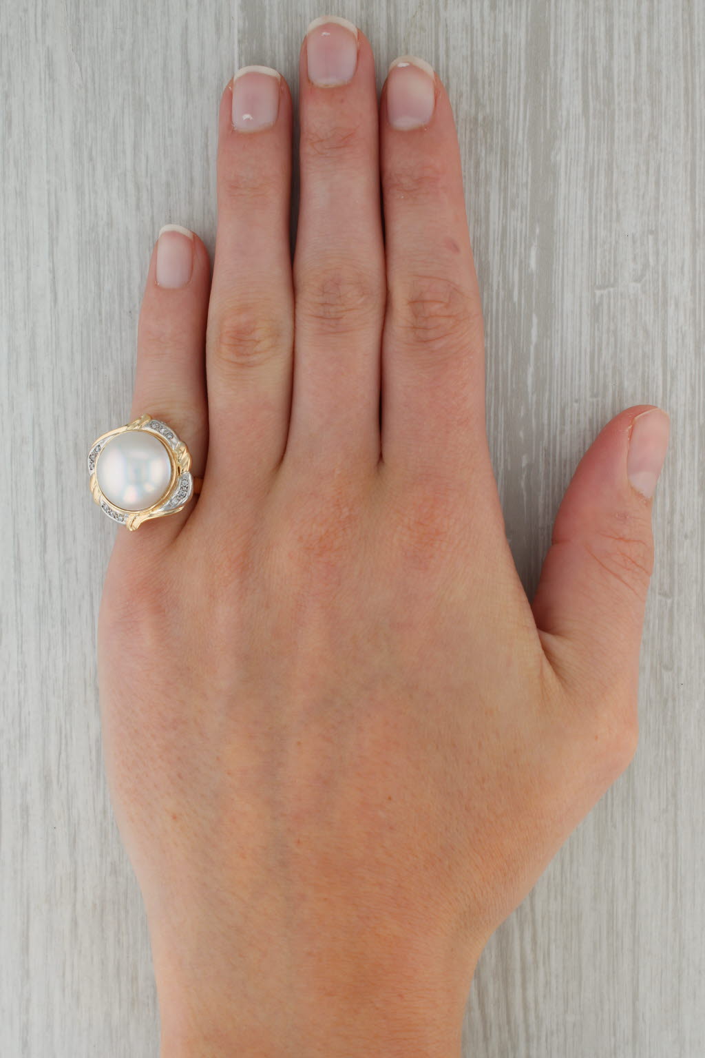 Rosy Brown Cultured Made Pearl Diamond Halo Ring 14k Yellow Gold Size 5.5 Cocktail
