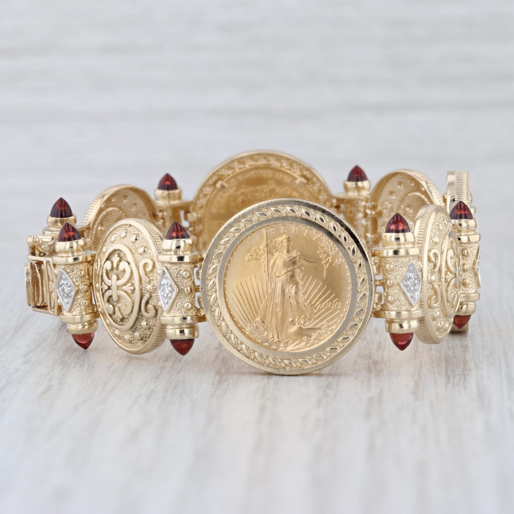 Garnet Diamond 2006 American Eagle Coin Bracelet 14k Gold 900 Gold 7" 1/10oz $5