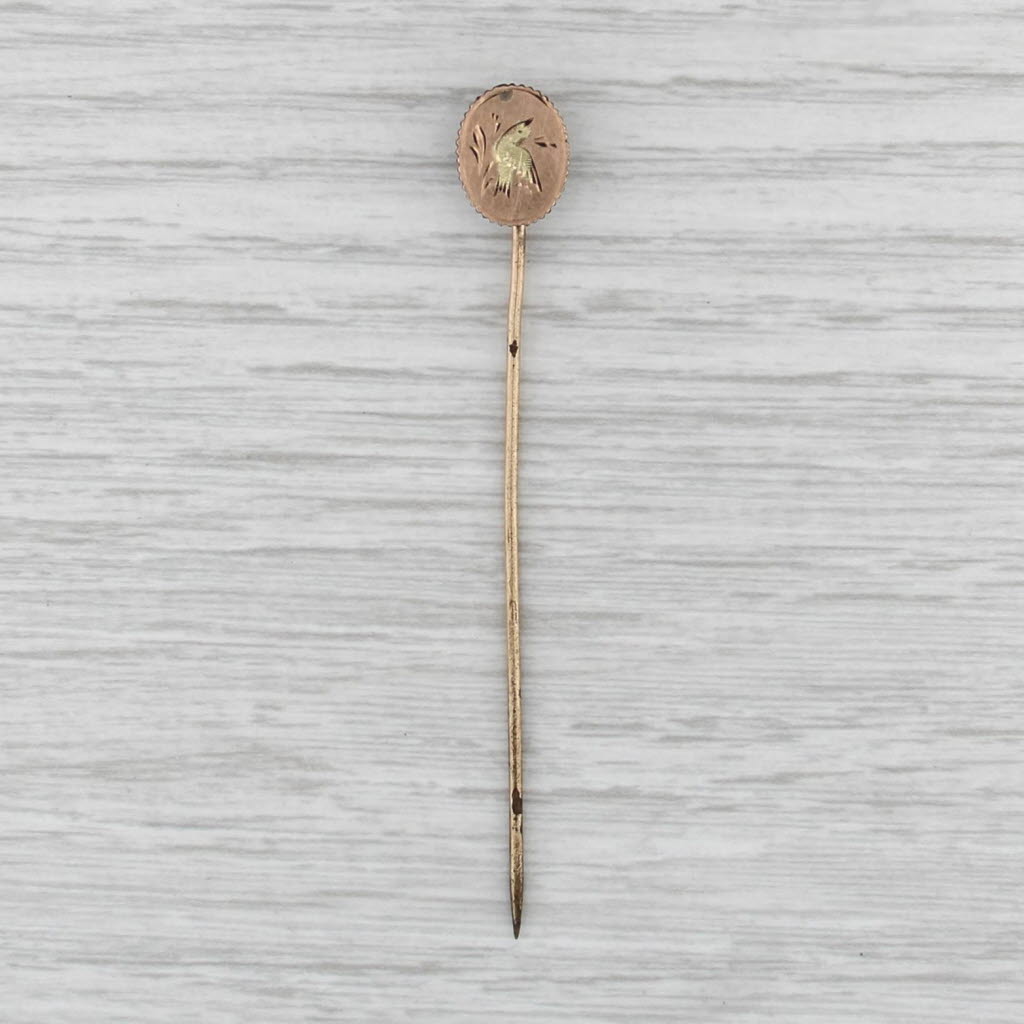 Antique Victorian Engraved Bird Stickpin Gold Filled Rose Yellow Green