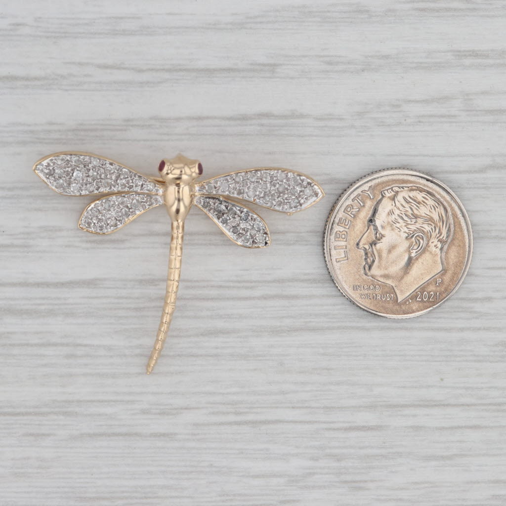 Gray 0.25ctw Diamond Ruby Dragonfly Brooch 14k Yellow Gold Pin