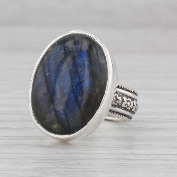 Vintage Labradorite Oval Cabochon Solitaire Ring 900 Silver Size 5.25