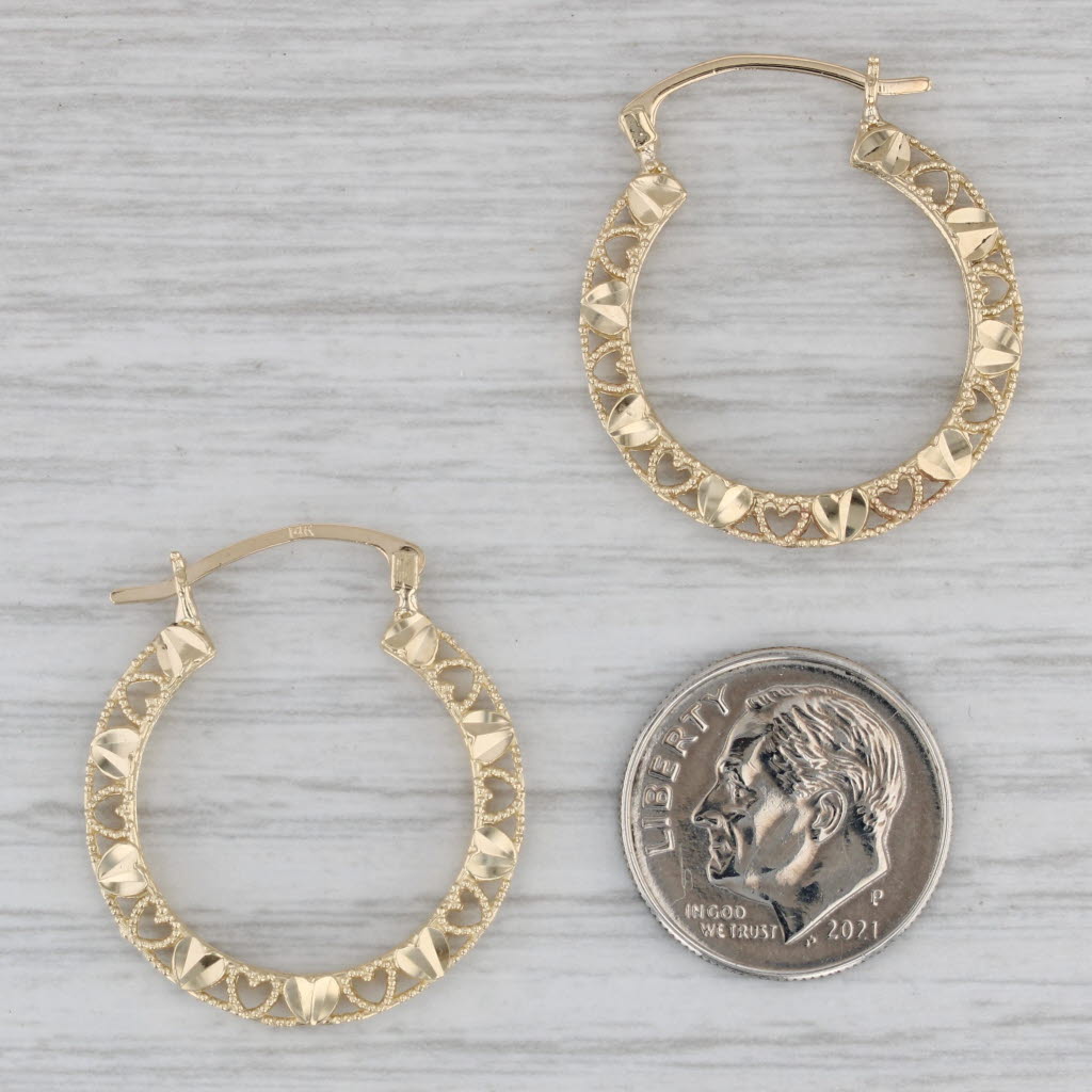 Gray Heart Pattern Hoop Earrings 14k Yellow Gold Snap Top Round Hoops