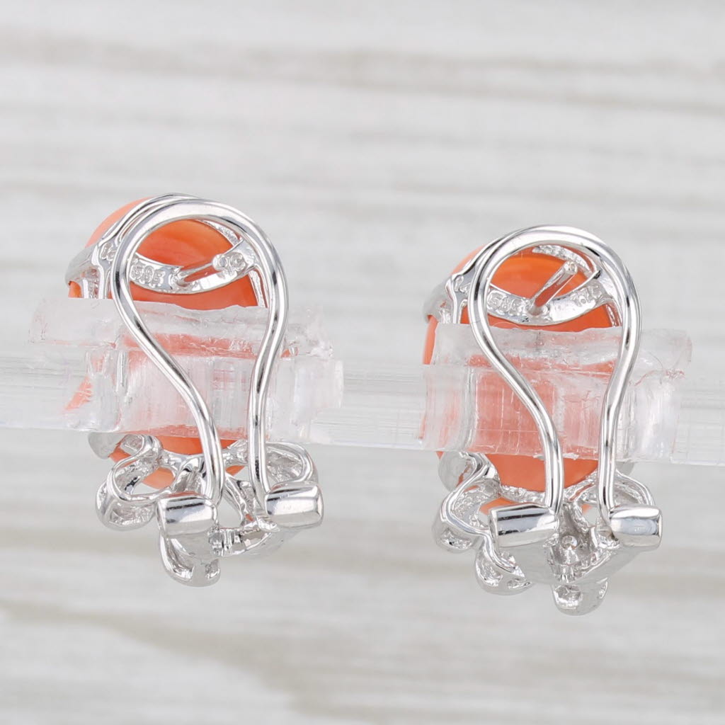 Light Gray Coral Cabochon Diamond Drop Earrings 14k White Gold Omega Backs