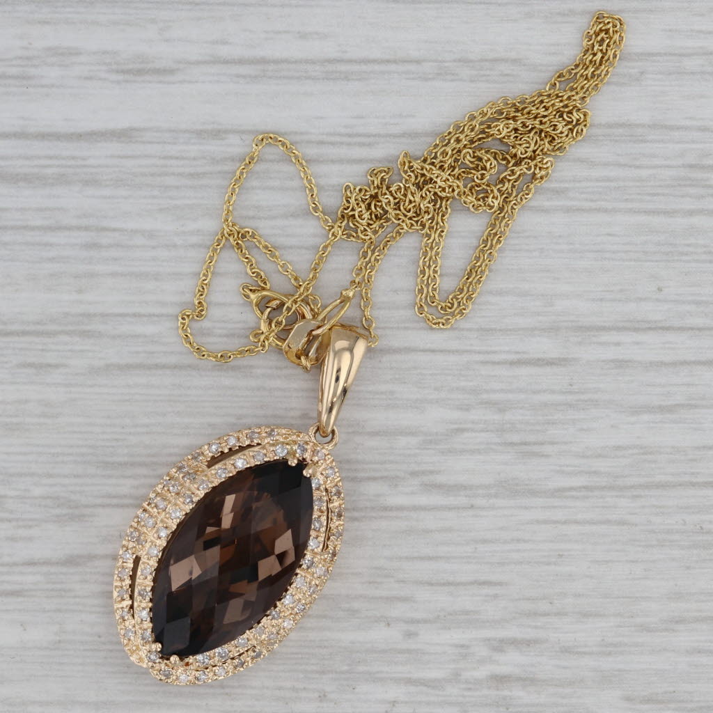 Gray Smoky Quartz Diamond Halo Pendant Necklace 14k Yellow Gold 16" Cable Chain