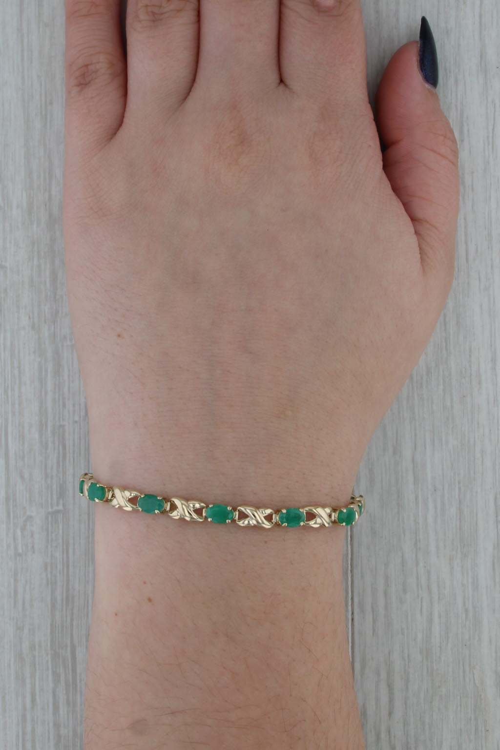 5.65ctw Emerald Tennis Bracelet Inifinity Links 14k Yellow Gold 7.25" 4.9mm