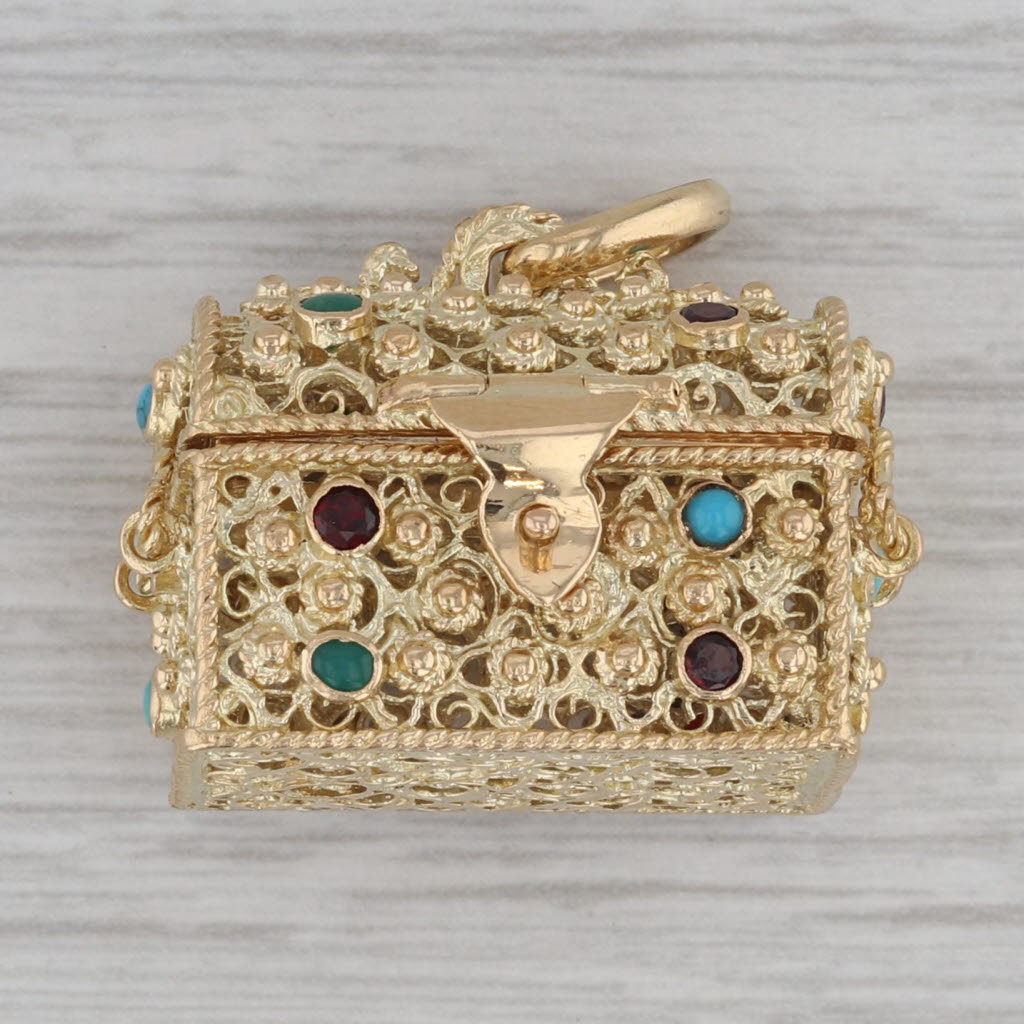 Dark Gray Etruscan Style Gemstone Treasure Chest Charm 800 Gold Pendant Garnet Turquoise