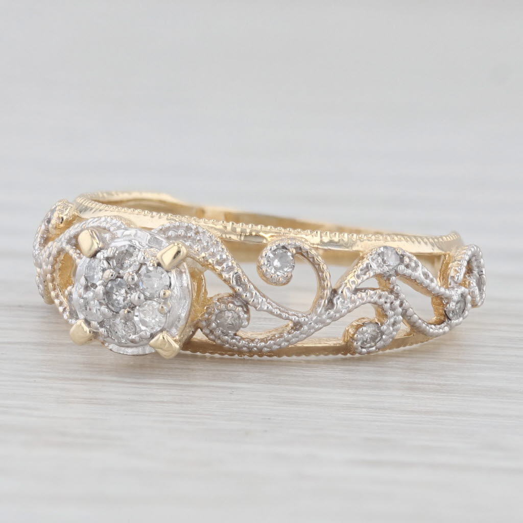 Light Gray 0.15ctw Diamond Cluster Engagement Ring Filigree Vine Work Size 7