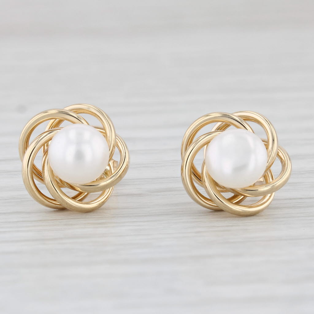 Light Gray Cultured Pearl Button Knot Stud Earrings 14k Yellow Gold