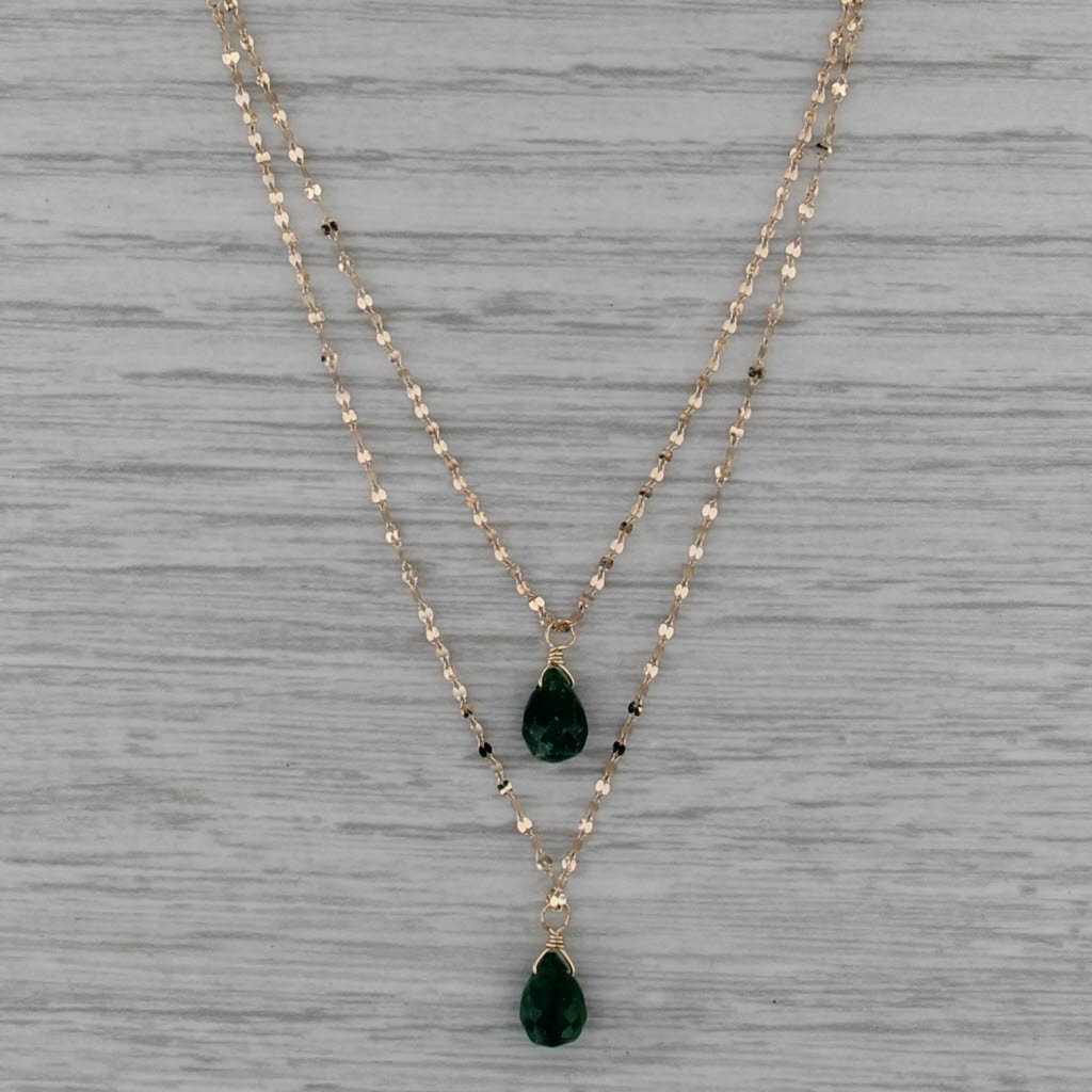 Mirror Chain Green Sapphire Briolettes Layered Necklace 14k Yellow Gold 16"