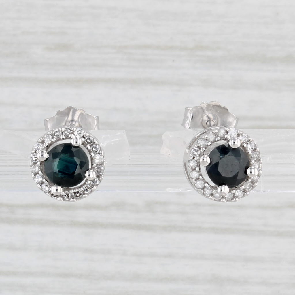 Light Gray 0.80ctw Round Blue Sapphire Diamond Halo Stud Earrings 10k White Gold
