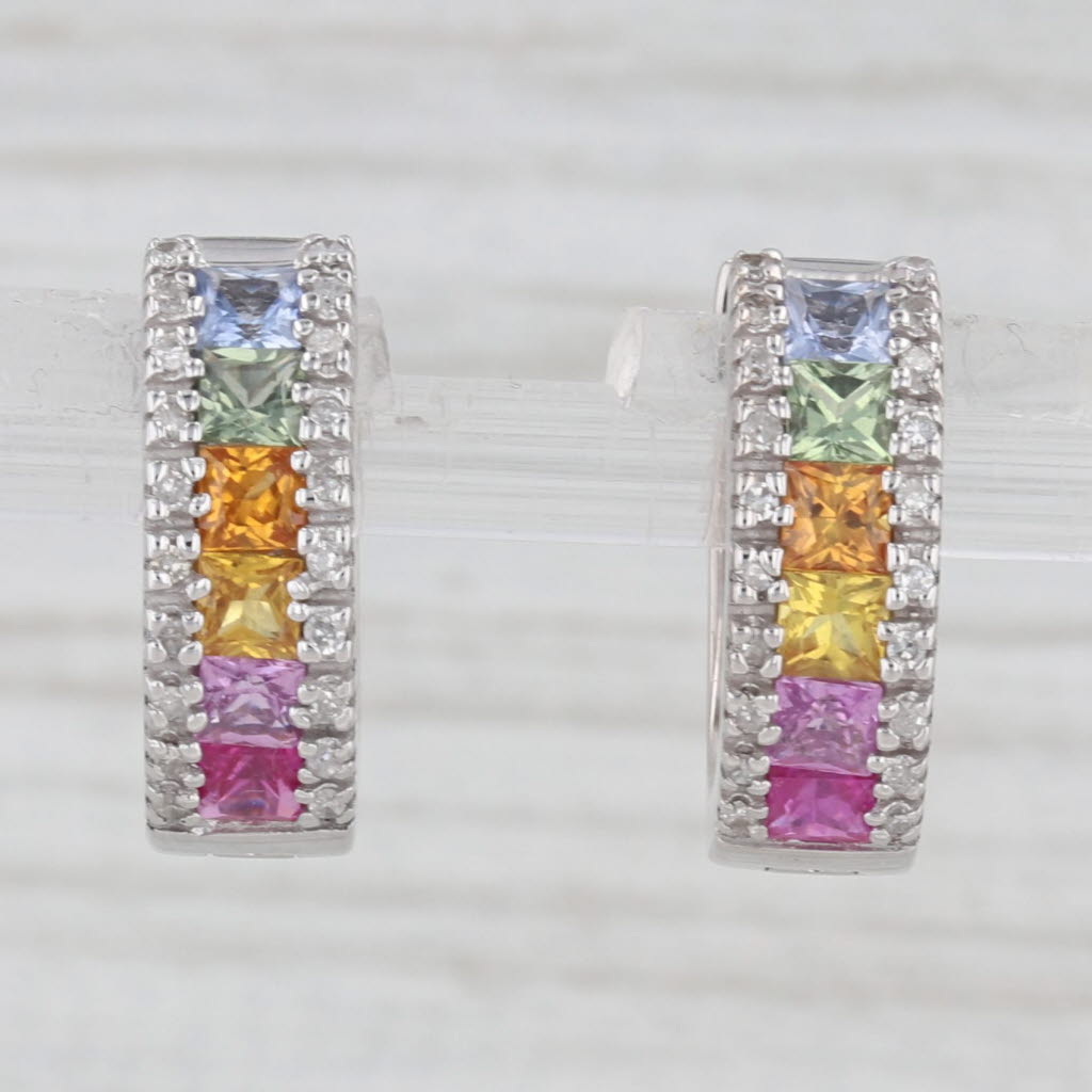 Light Gray 1.42ctw Diamond Multicolor Sapphire Hoop Huggie Earrings 14k White Gold Hoops