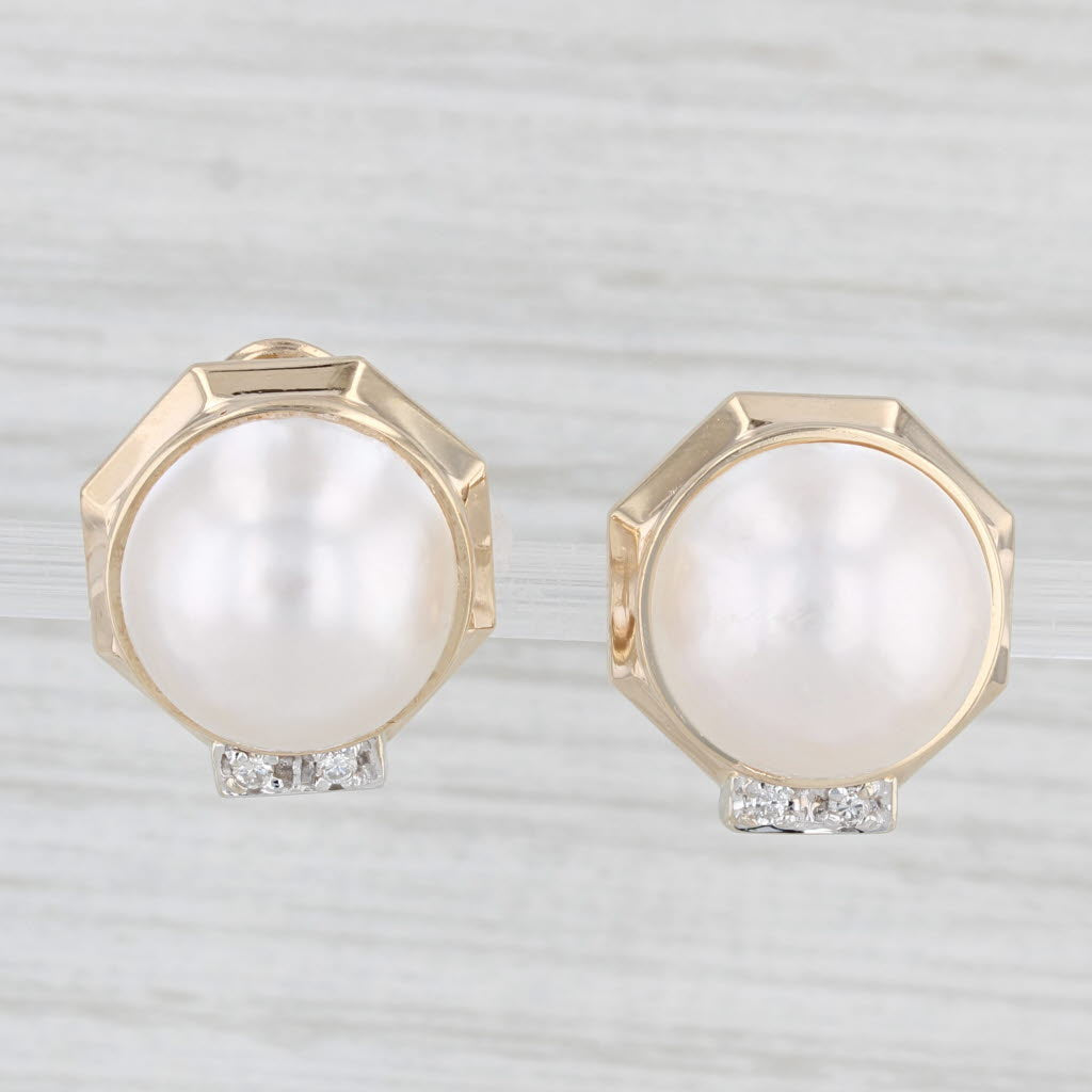 Light Gray Mabe Cultured Pearl Diamond Stud Earrings 14k Yellow Gold Omega Backs